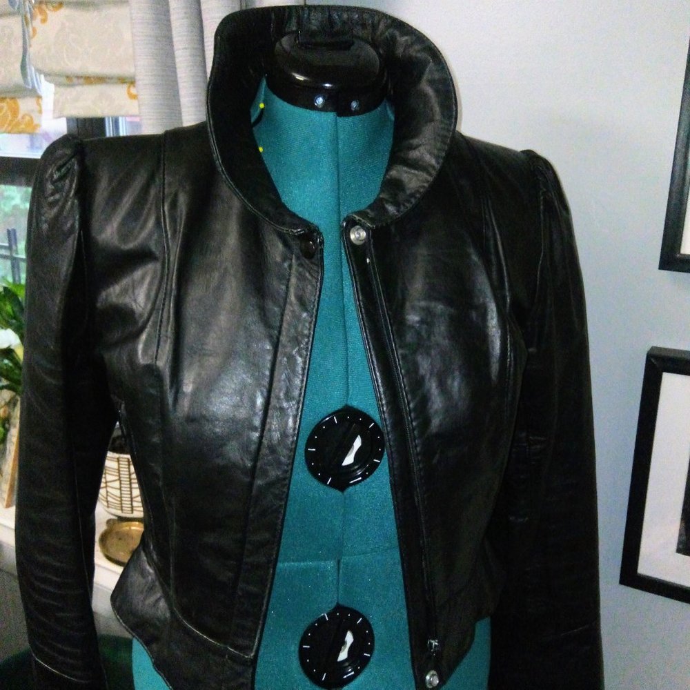 Vintage Jonathan Christopher Black Leather Puff Sleeve Jacket Sz Small - Picture 2 of 16
